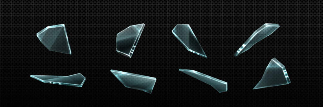 Broken glass shatter and piece. Realistic vector illustration set of explode mirror shard fragment. flying transparent sharp debris elements of smithereens beaten crystal or ice on dark background.