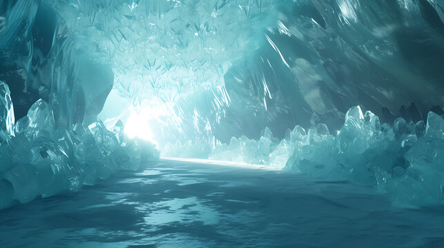 Step into the mesmerizing depths of an otherworldly ice cave, where shimmering, luminescent crystals cast a mystical glow. This abstract 3D render creates a cool and captivating background f