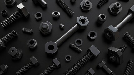 Screws, nuts, cogs, bolts pattern on a black background.