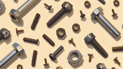 Screws, nuts, cogs, bolts pattern on a beige background. - obrazy, fototapety, plakaty