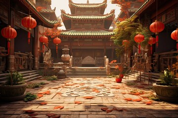 Falling leaves in front of a traditional Chinese temple