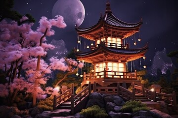 Obraz premium Moonlit Japanese Garden at Night