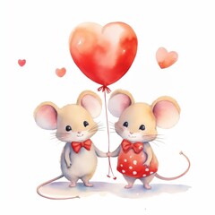 Valentines day watercolor cute animals with red heart balloon. Lovely mice