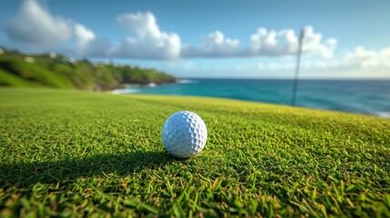 Close-up of a luminous golf ball on a tee against a tropical backdrop - obrazy, fototapety, plakaty