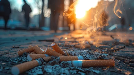 Foto op Plexiglas Picture depicting discarded cigarette butts littering the street. © Murda