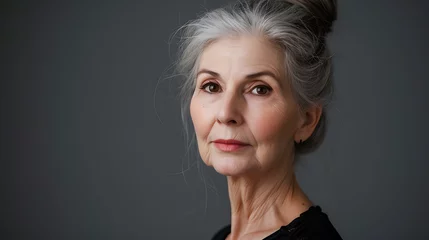Fotobehang Serene and elegant, this captivating portrait showcases an older woman with her silver hair gracefully tied in a neat bun. Her soft, kind eyes reflect a wisdom honed by a lifetime of experie © Nijat