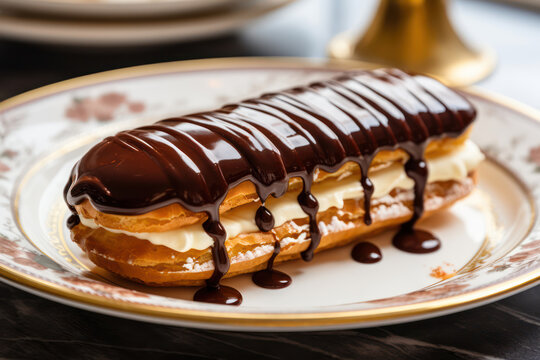 
Photo of a classic French chocolate &eacute;clair on a white porcelain plate, close-up shot