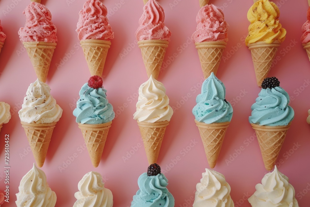 Wall mural Assorted colorful soft serve ice creams with berries on a pink background.