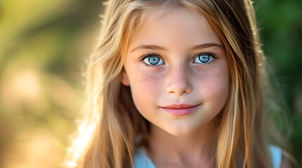 Captivating young girl with lustrous blonde locks cascading around her angelic face, illuminating her vivacious sparkling blue eyes.