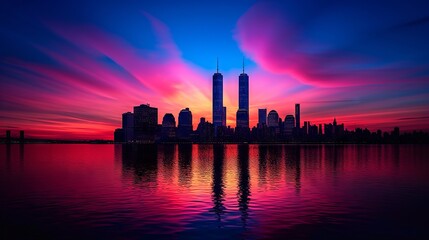 Fototapeta na wymiar Silhouette skyline against a vibrant sunset over the waterfront.