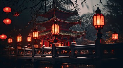 Oriental building at night with lanterns lit