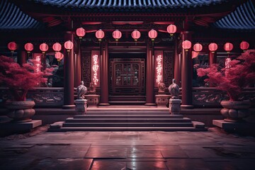Asian-Inspired Architectural Building with Oriental Decorations - obrazy, fototapety, plakaty