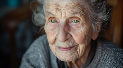 An elderly lady exuding grace and wisdom, her thinning grey hair framing her gentle green eyes, reflecting a lifetime of experiences. - obrazy, fototapety, plakaty