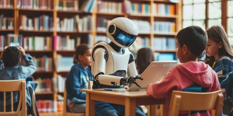 Modern classroom, teachers employ artificial intelligence to enhance education by delivering lessons, teaching from books, and facilitating learning among students.