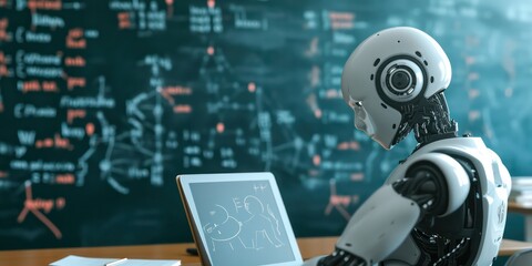 Modern classroom, teachers employ artificial intelligence to enhance education by delivering lessons, teaching from books, and facilitating learning among students.