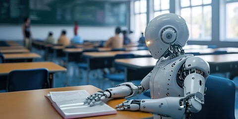 Modern classroom, teachers employ artificial intelligence to enhance education by delivering lessons, teaching from books, and facilitating learning among students.