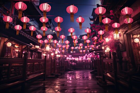 Pink lanterns adorn the walkway