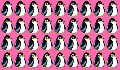 Pattern of stylized penguins. Pink background. Penguins in profile, looking to the right. Funny babies. Yellow beak and legs. The body is dotted. Black and dark blue color. They are evenly spaced.