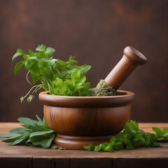a wooden mortar and pestle filled with organic herbs and plants placing on a deep brown wood platform  - obrazy, fototapety, plakaty