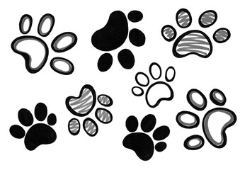 Set of different pet paw prints. Isolated on white background. Footprints of different sizes, shapes. Some have black fill, others black and gray outline or black outline and filled with gray strokes.
