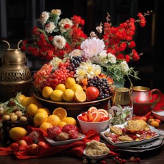 Fototapeta na wymiar Fresh Fruit and Oranges Display on a Wooden Table