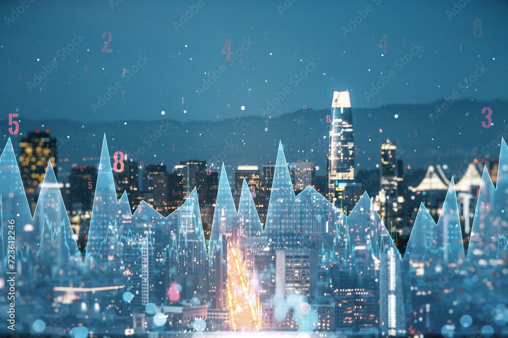 Poster abstract virtual analytics data spreadsheet on san francisco cityscape background, analytics and ana