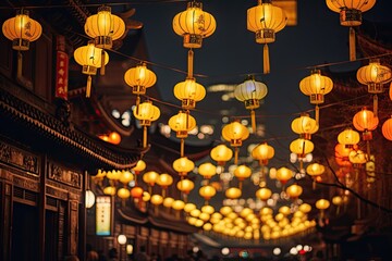 Fototapeta na wymiar Chinese New Year Decorations - String Lights and Paper Lanterns