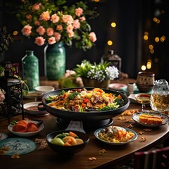 A table filled with a variety of dishes including vegetables, fruits, and other foods.