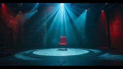 Dramatic red and blue lighting sets the stage for an upcoming theatrical performance.