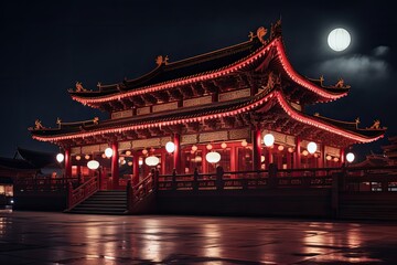 Obraz premium Oriental Building with Many Decorative Lanterns - Chinese Temple at Night