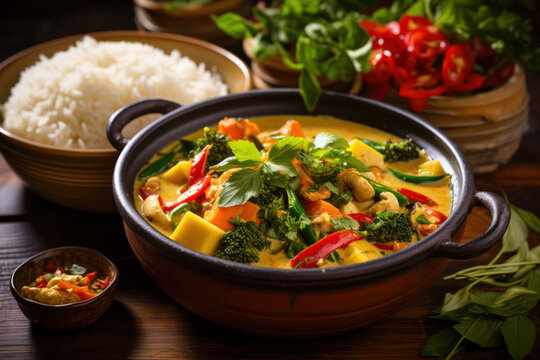 
Photo of a vegan Thai curry with coconut milk, tofu, and mixed vegetables, in a clay pot, with jasmine rice on the side