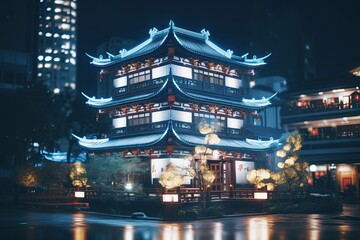 Asian-inspired Building with Multiple Eaves and a High Roof - Nighttime Illumination