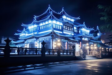 Fototapeta na wymiar A Nighttime Visit to the Famous Blue Building