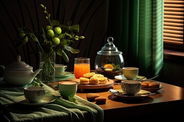 A cozy tea time setup with a plate of cookies, cups of tea, and fresh flowers.