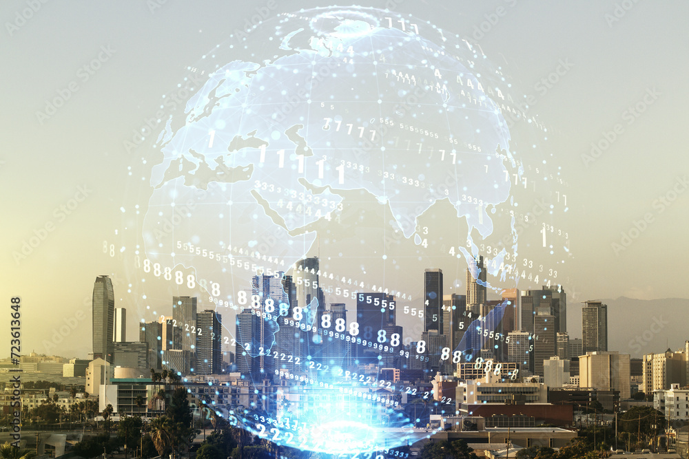 Aufkleber double exposure of abstract creative programming illustration and world map on los angeles office bu