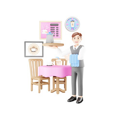 Male Waiter Standing by Table - 3D Cartoon Character Illustration for Restaurant Service