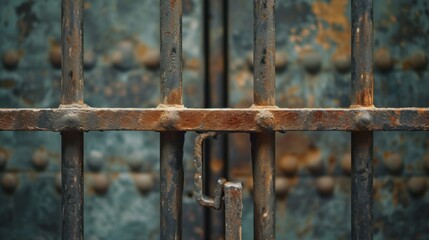 Old prison rusted metal bars cell lock isolated on grange background. Jail bars. - obrazy, fototapety, plakaty