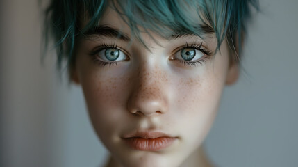 A captivating portrait of a rebellious teenage girl with vibrant blue hair and piercing grey eyes, exuding confidence and individuality. Her edgy style and striking gaze make for a powerful - obrazy, fototapety, plakaty