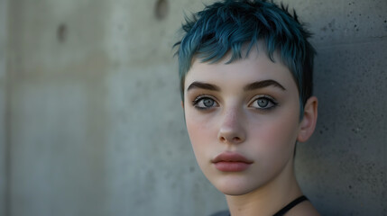 A captivating portrait of a rebellious teenage girl with vibrant blue hair and piercing grey eyes, exuding confidence and individuality. Her edgy style and striking gaze make for a powerful