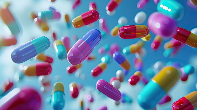 Antibiotic pill capsules cascading down together.