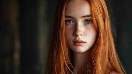 A captivating teenager with fiery red locks framing her face and enigmatic dark eyes that hold secrets untold.