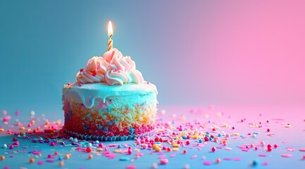 Delicious birthday cupcakes with pink frosting and sprinkles on festive table. Tasty homemade cake with burning candles perfect celebrations. Beautiful pastel themed birthday cake with bright sweet