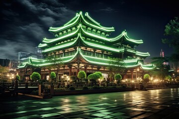 Obraz premium Green-lit Chinese Temple at Night