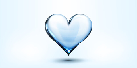 Glass transparent heart floating in air for romance and St Valentine Day design. 3d realistic vector illustration of translucent blue glossy crystal bubble love symbol with shadow and refraction.