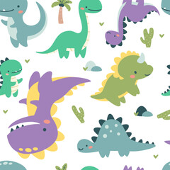 Seamless vector pattern. Cute dinosaurs in bright colors. Illustrations in a simple children's style. White background . Vector illustration