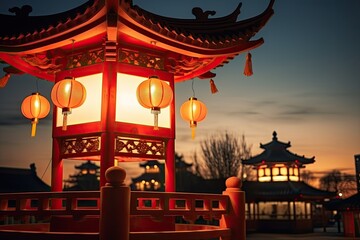 Asian-inspired architecture at sunset