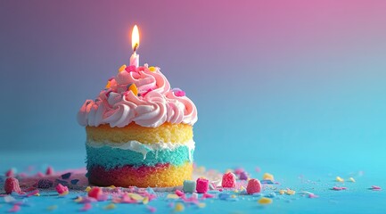 Delicious birthday cupcakes with pink frosting and sprinkles on festive table. Tasty homemade cake with burning candles perfect celebrations. Beautiful pastel themed birthday cake with bright sweet