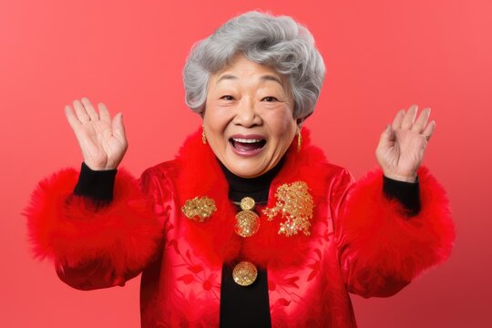 Happy elderly lady wearing red fuzzy jacket, gold jewelry, and a red scarf