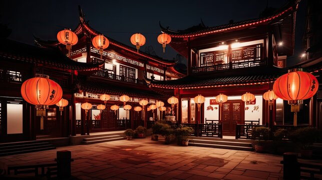 Asian-inspired architecture with lanterns and banners - Night scene