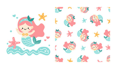 Set of vector materials for printing on children's products. Cute mermaid and starfish. Print and seamless vector pattern . Vector illustration